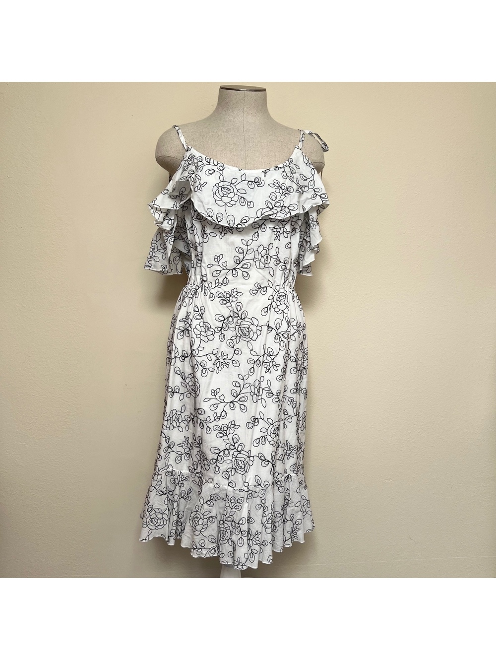 EFFIE'S HEART White & Black Floral Embroidered Retro Ruffle Midi Dress Large